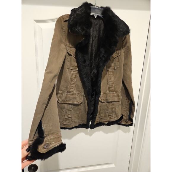 Y2K S Miss Me Olive Army Jacket, Real Rabbit Fur Lined & FleurDeLis Studded Back - Picture 5 of 8